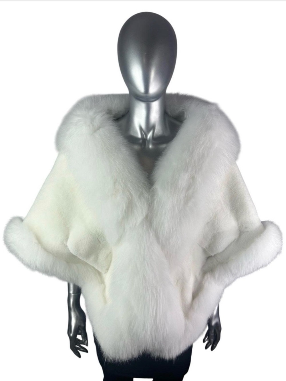 White CHIN REX Rabbit Stole w/White FOX Trim, Size M/L, Certified Vintage Fur